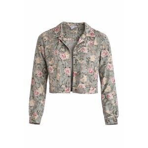 VTG Talbots Floral Linen Cotton Trucker Jacket Women M Cropped Green Cottagecore